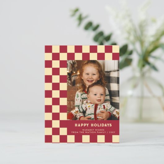 レッドレトロ市松模様にGroovy Happy Holidays写真 シーズンポストカード (スタンド正面)