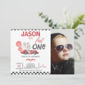 レッドレーシングカーバルーンエレファント写真1st誕生日 招待状 (スタンド正面)