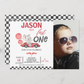 レッドレーシングカーバルーンエレファント写真1st誕生日 招待状 (正面/裏面)