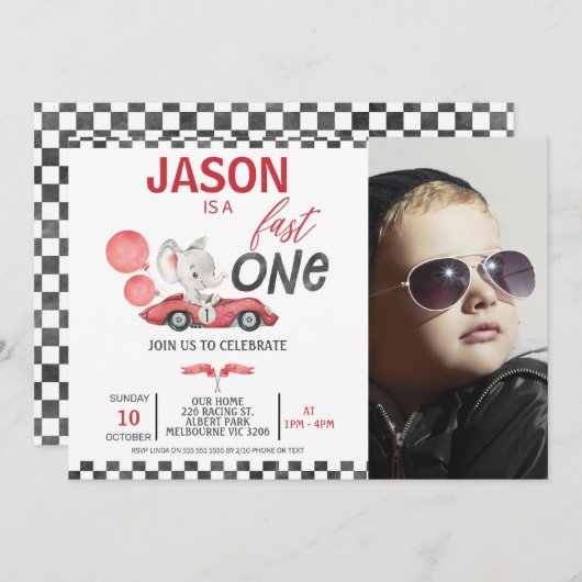 レッドレーシングカーバルーンエレファント写真1st誕生日 招待状 (正面/裏面)