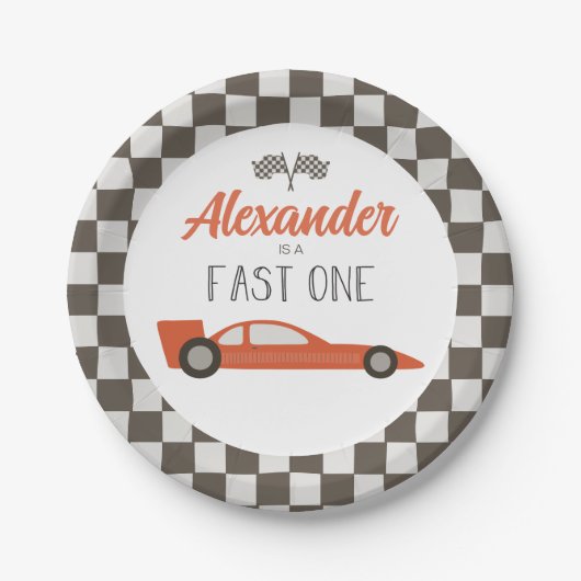 レッドレーシングカーバースデー紙皿 Fast One ペーパープレート (正面)
