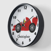レッドレーシングカー名の追加 壁時計 (傾斜)
