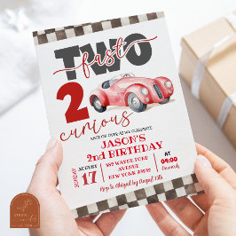 レッドレーシングカー トゥーファスト トゥーキュリアス 2歳の誕生日 招待状