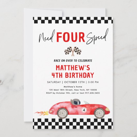 レッドレースカーが4速を必要とする4誕生日 招待状 (正面)