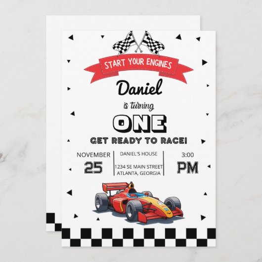 レッドレースカーカスタム子供の誕生日パーティの招待状 招待状 (正面/裏面)