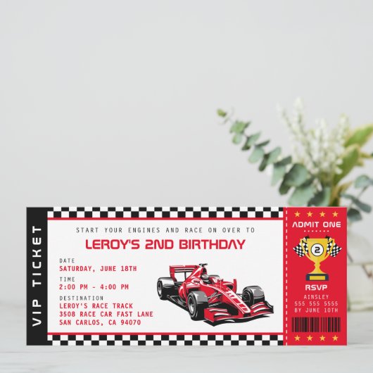 レッドレースカーチケットパスボーイバースデーパーティー 招待状 (スタンド正面)