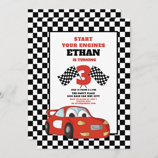 レッドレースカーチャイルドの3歳の誕生日 招待状 (正面/裏面)