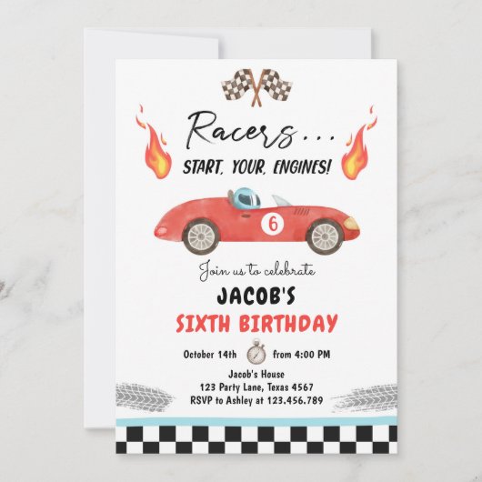 レッドレースカーファースト好奇心のある男の子誕生日 招待状 (正面)