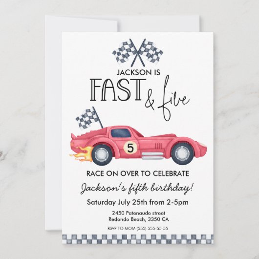 レッドレースカーフレームFast&Five5歳の誕生日パーティー 招待状 (正面)