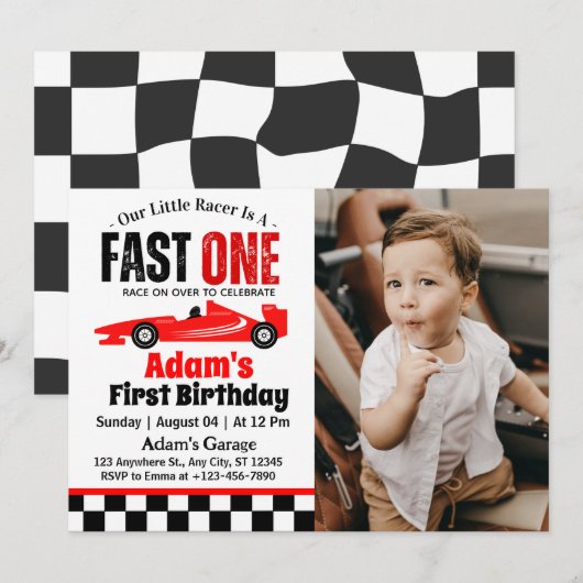 レッドレースカーボーイ1歳の誕生日パーティー 招待状 (正面/裏面)