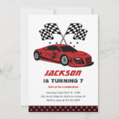 レッドレースカーレーシングキッズボーイズ誕生日 招待状 (正面)