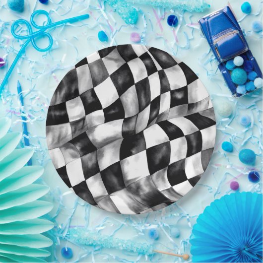 レッドレースカー市松模様にフの誕生日パーティー ペーパープレート (パーティー)