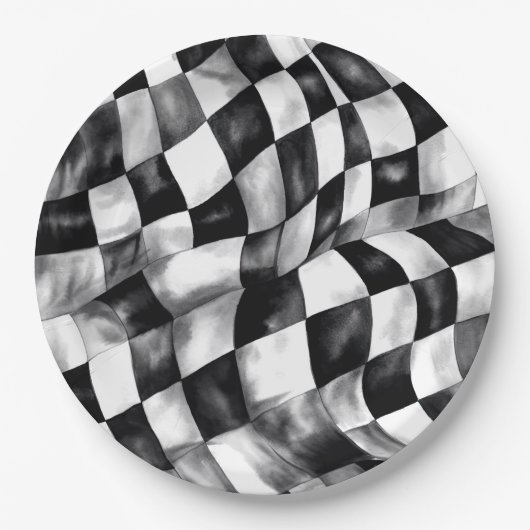 レッドレースカー市松模様にフの誕生日パーティー ペーパープレート (正面)