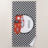 レッドレースカー市松模様に白黒チャイルド ビーチタオル (正面)
