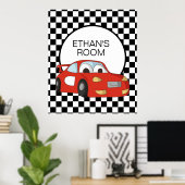 レッドレースカー市松模様に白黒フラグ名 ポスター (ホームオフィス)