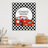 レッドレースカー市松模様に白黒フラグ名 ポスター (キッチン)