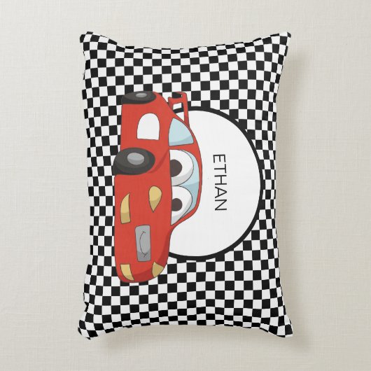 レッドレースカー市松模様に白黒フラッグチャイルド アクセントクッション (正面(垂直))
