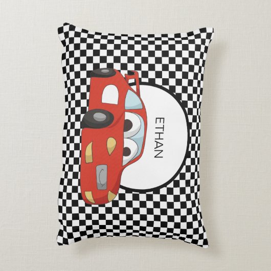 レッドレースカー市松模様に白黒フラッグチャイルド アクセントクッション (裏面(縦))