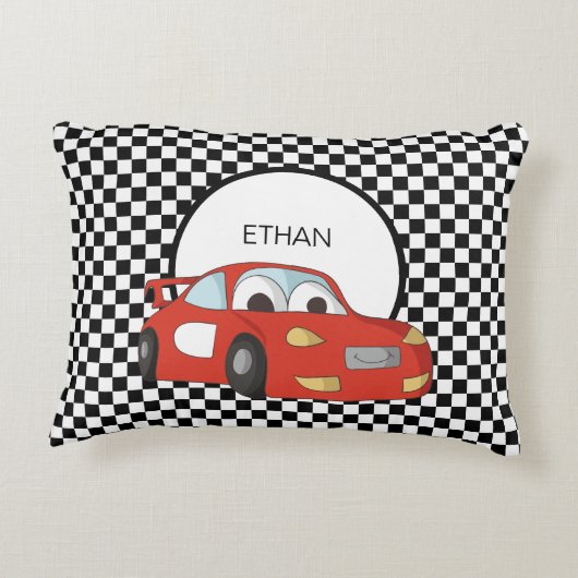レッドレースカー市松模様に白黒フラッグチャイルド アクセントクッション (裏面)