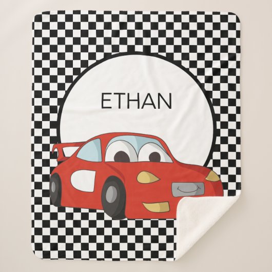 レッドレースカー市松模様に白黒フラッグチャイルド シェルパブランケット (正面)