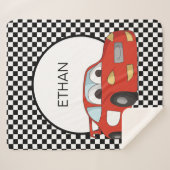 レッドレースカー市松模様に白黒フラッグチャイルド シェルパブランケット (正面(横))
