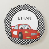 レッドレースカー市松模様に白黒フラッグチャイルド ラウンドクッション (裏面)