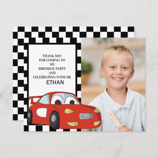 レッドレースカー市松模様に白黒誕生日感謝してい シーズンカード (正面/裏面)