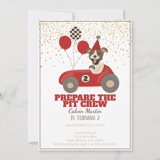 レッドレースカー犬ボーイズ第2バースデーパーティー 招待状 (正面)