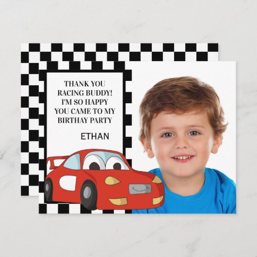 レッドレースカー白黒フォト誕生日ありがとう シーズンカード (正面/裏面)