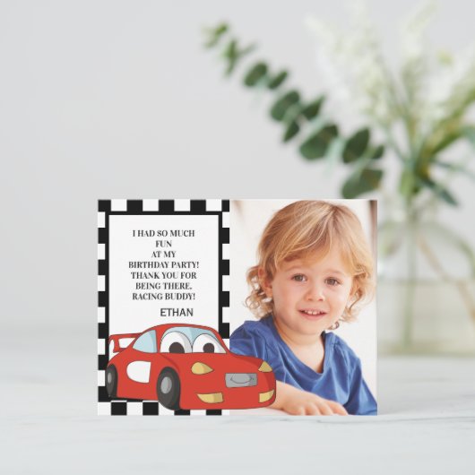 レッドレースカー白黒フォト誕生日ありがとう シーズンカード (スタンド正面)