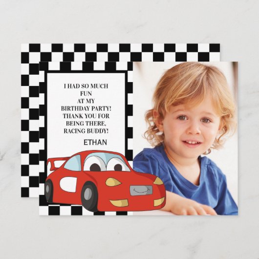 レッドレースカー白黒フォト誕生日ありがとう シーズンカード (正面/裏面)