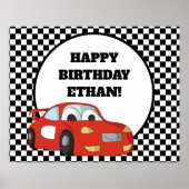 レッドレースカー白黒市松模様にバースデーパーティー ポスター (正面)