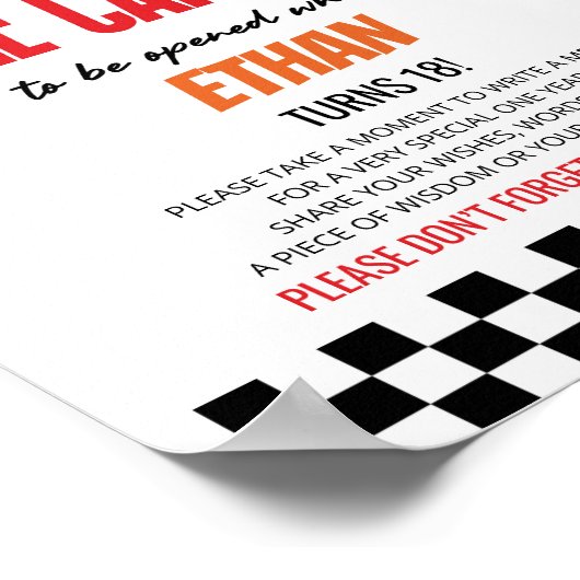 レッドレースカー誕生日パーティータイムカプセルサイン ポスター (角)