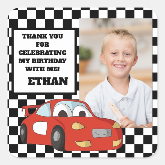 レッドレースカー誕生日パーティー写真ありがとう スクエアシール (正面)