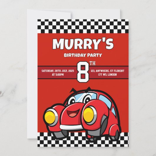 レッドレースカー誕生日8thバースデーパーティー 招待状 (正面)