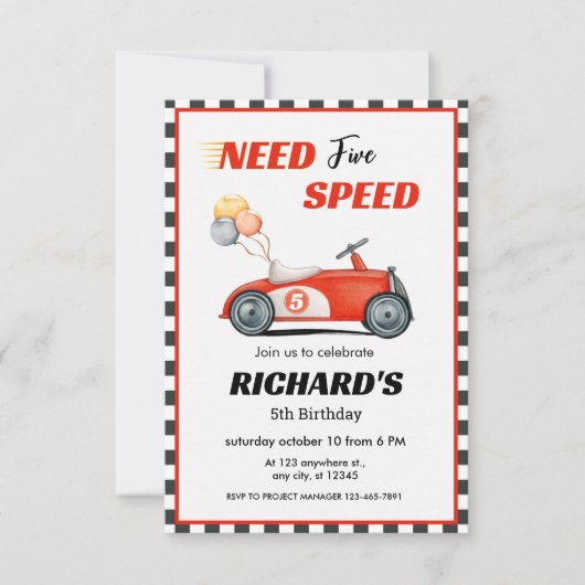 レッドレースカー誕生日 |必要な速度: 5 招待状 (正面)