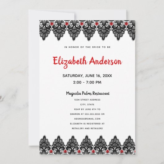 レッドレースコルセットランジェリーブライダルシャワー 招待状 (裏面)