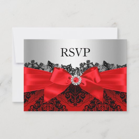 レッドレースダマスクとリボンのRSVP 出欠カード (正面)