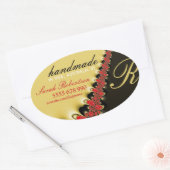 レッドレース&金ゴールドサテン手作りラベルオーバルステッカー 楕円形シール (封筒)