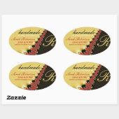 レッドレース&金ゴールドサテン手作りラベルオーバルステッカー 楕円形シール (シート)