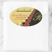 レッドレース&金ゴールドサテン手作りラベルオーバルステッカー 楕円形シール (バッグ)