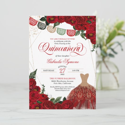 レッドロエレガントセスグリッタードレスフィエスタキンセアニラ 招待状 (スタンド正面)