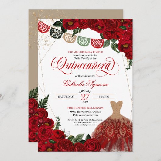 レッドロエレガントセスグリッタードレスフィエスタキンセアニラ 招待状 (正面/裏面)