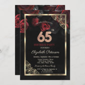 レッドロエレガントーズフレームブラック65誕生日 招待状 (正面/裏面)