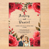 レッドロエレガントーズロマンチックなカップルフローラ結婚ズ アクリル招待状 (正面)