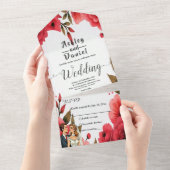 レッドロエレガントーズロマンチックなカップルフローラ結婚ズ オールインワン招待状 (貼ってはがせる)