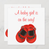 レッドロセッテベビーシューズ赤ベビーガールシャワー 招待状 (正面/裏面)