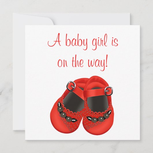 レッドロセッテベビーシューズ赤ベビーガールシャワー 招待状 (正面)
