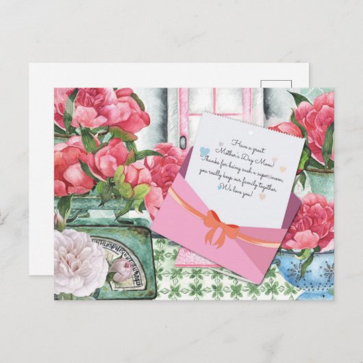 レッドロゼスフローラレター封筒母の日 ポストカード (正面/裏面)