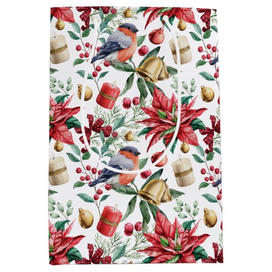 レッドロビンとポインセチアのクリスマスシンボル ミディアムペーパーバッグ (正面)